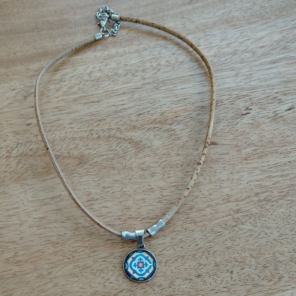 Portuguese Elegant Tan Cork Necklace with Blue Tile Pattern Pendant